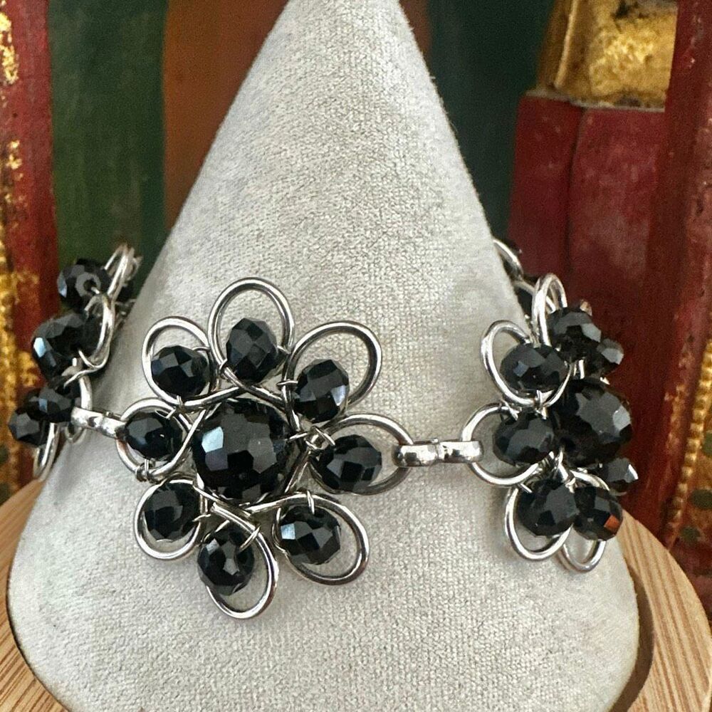 Silver-Tone Black Beaded Flower Bracelet